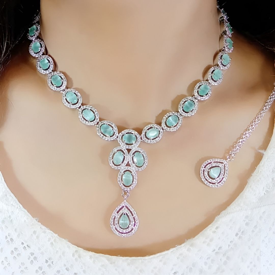Eclaza - American Diamond Necklace Set With Maangtika CZ Stone Premium Design Jewelry