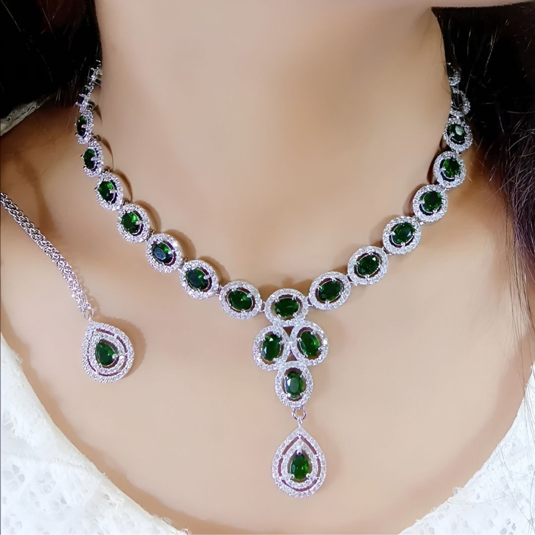 Eclaza - American Diamond Necklace Set With Maangtika CZ Stone Premium Design Jewelry