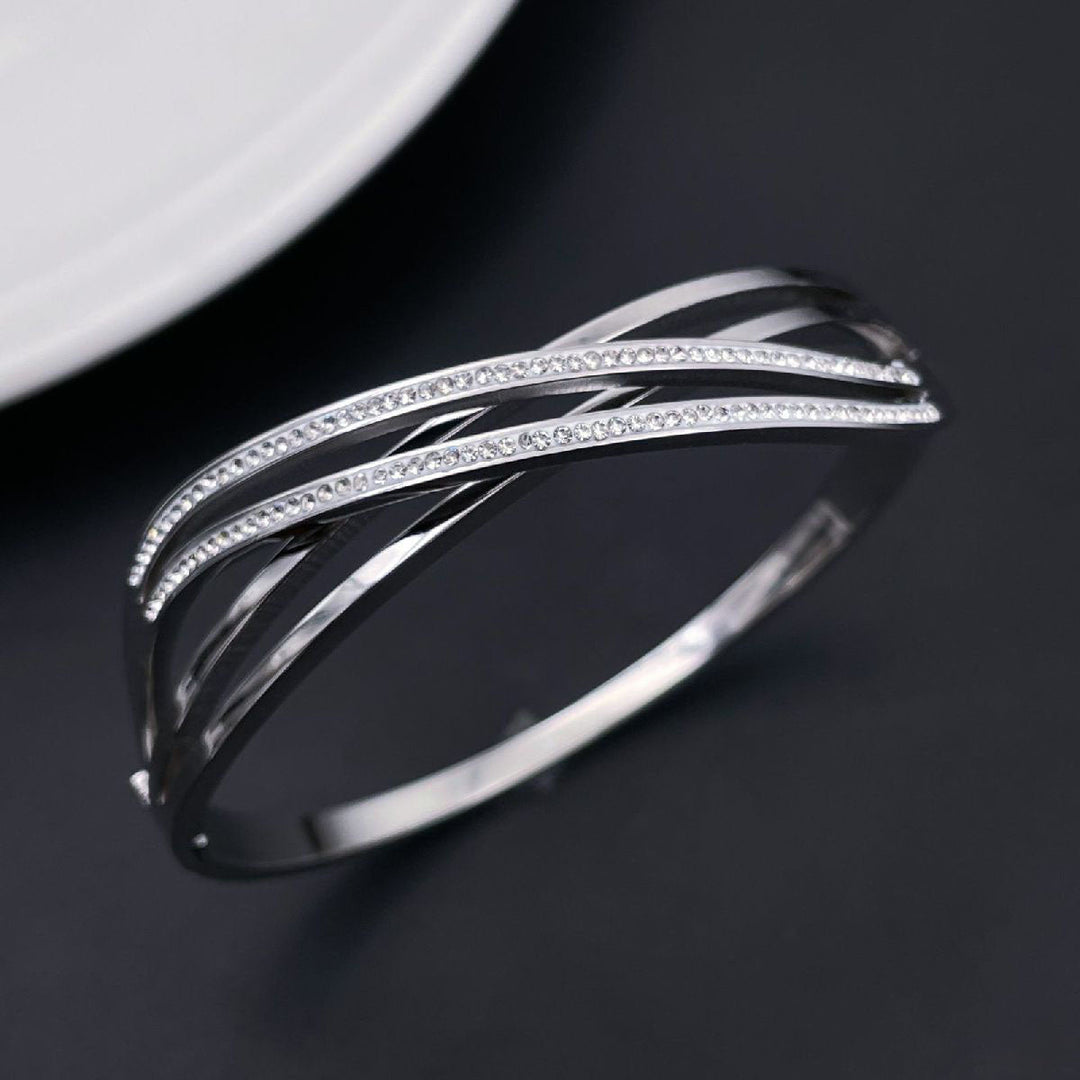 Waves Cubic Zirconia Silver Stainless Steel Openable Kada for Women