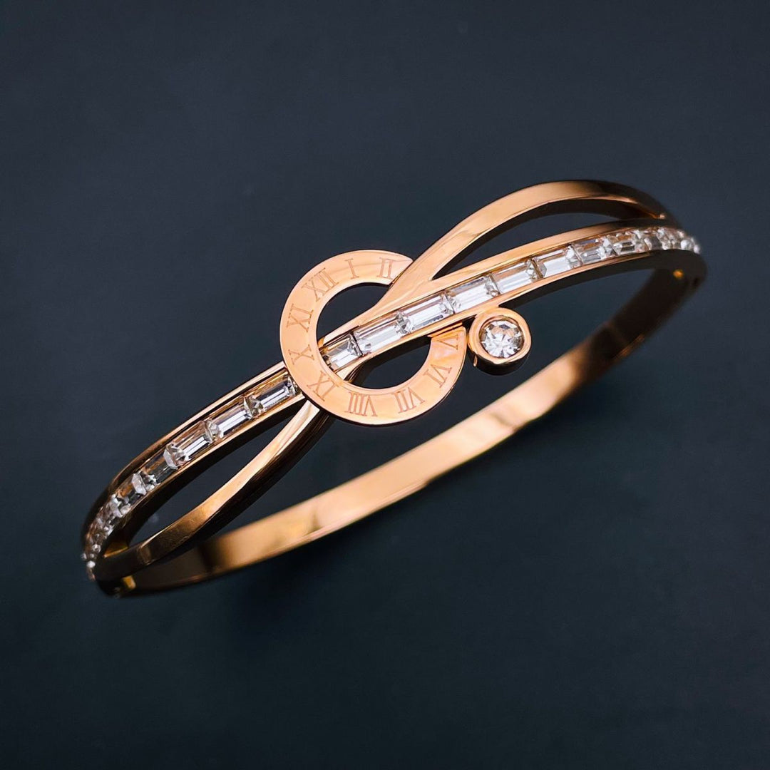 Roman Number Stainless Steel Baguette Cubic Zirconia White Rose Gold Openable Bangle Kada Women